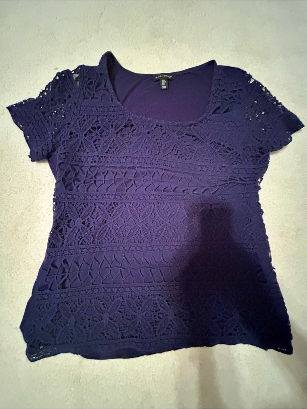 Willi Smith Navy Crochet Lace Short Sleeve Top